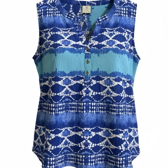 Sleeveless Resort Wear Blue Patterned Henley Top Size XL - Picture 2 of 7